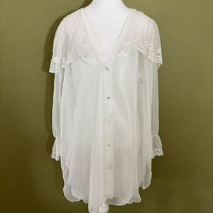 VTG 70s 80s Miss Dior White Sheer Intimates Sleepwear Button Down Shirt USA L